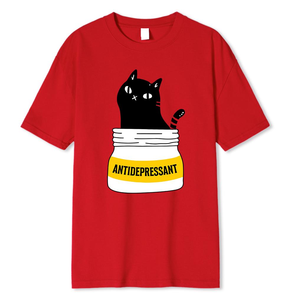 Černá kočka jí antidepresivum vtipný tisk pánské tričko módní nadměrné tričko vysoce kvalitní bavlněná trička letní krátký rukáv