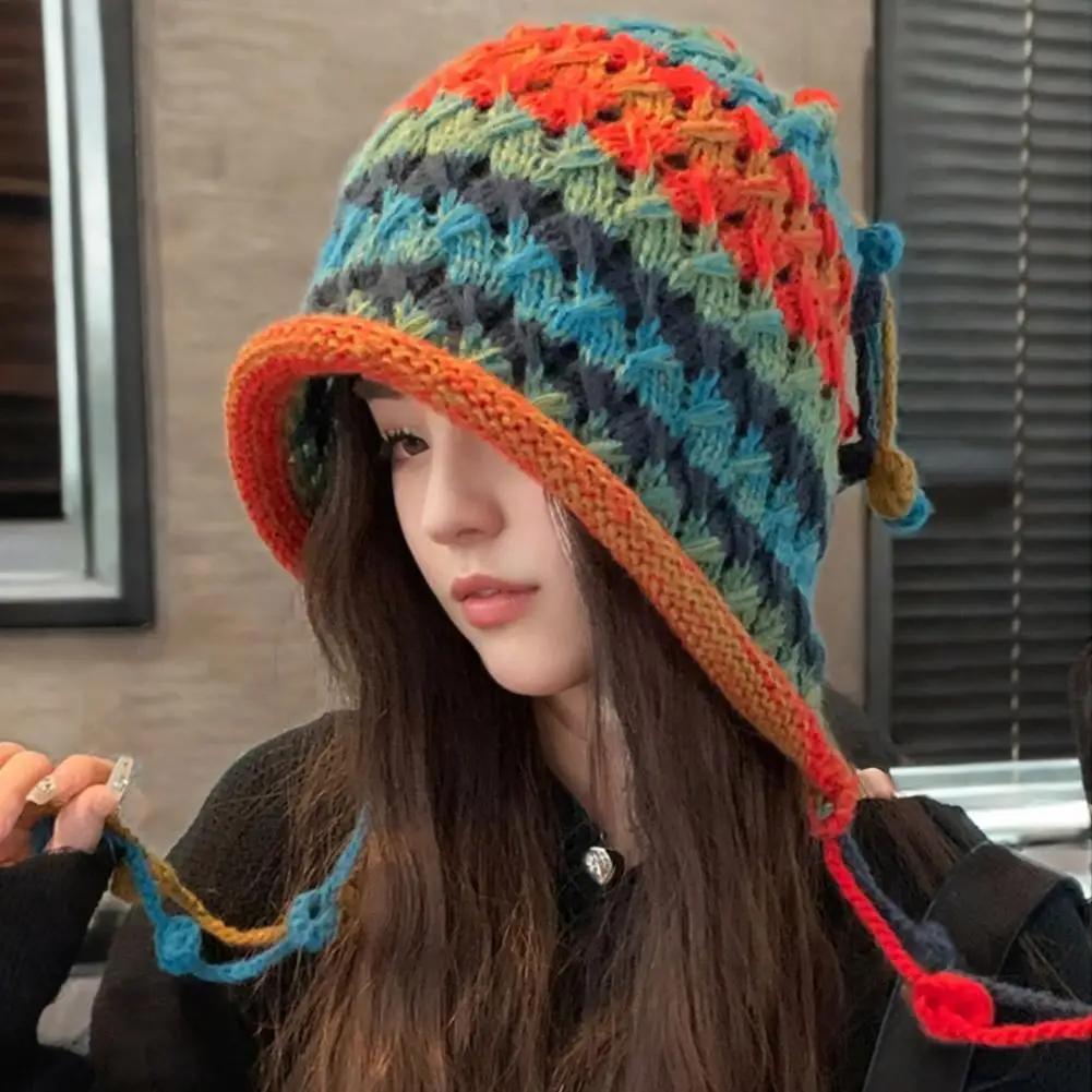 Colorful Rainbow Striped Knit Wool Beanie Hat For Women Winter Warm Crochet Ear Protection Cap Female Girl Snow Windproof Bonnet