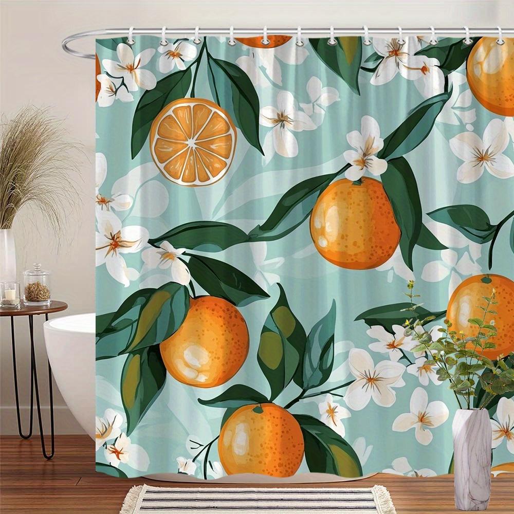 

1 Bright Orange Fruit And White Flower Shower Curtain - Green Leaves And Teal Background, Polyester Fabric, Machine Washable W60H190(CM)-1 Pcs