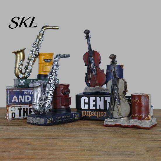 Retro Desk Decor Vintage Saxophone & Violin Pen Holder, Resin Musical Instrument Organizer, Weighted Artistic Organizer Base Pencil Stand for