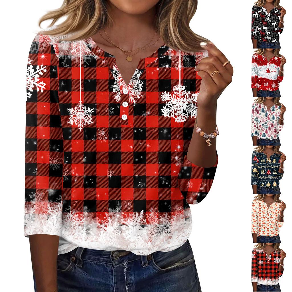 Women's Casual Christmas Print V-Neck 3/4 Sleeve Button-Front T-Shirt