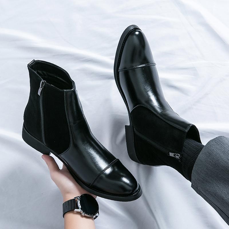 Brand Color Blocked Pointed Men's Boots Leather Shoes Autumn New Item Men Comfortable Side Zipper High Top Leather Boots