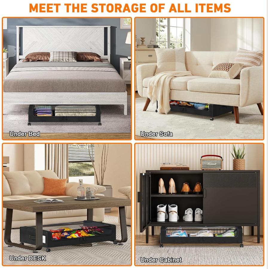 Under Bed Storage with Wheels Under Bed Storage Containers with Dividers Clear Lids 65L Under The Bed Storage Organizer Bins