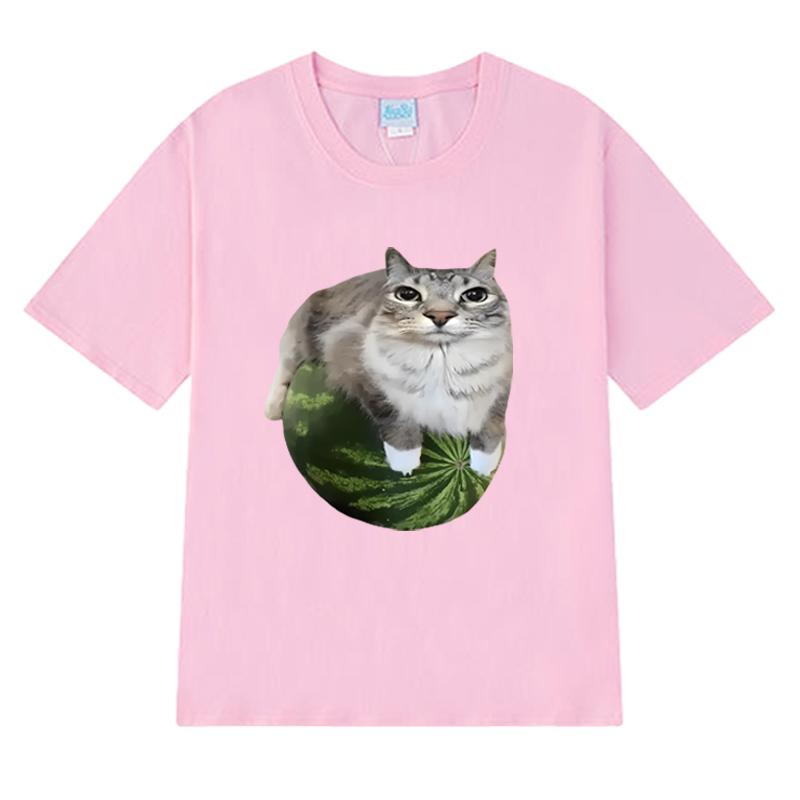 Funny Watermelon Cat Silly Cat Meme Printed T Shirt 2025 New Men Women Oversized Short Sleeve T-shirts Unisex 100% Cotton Tops