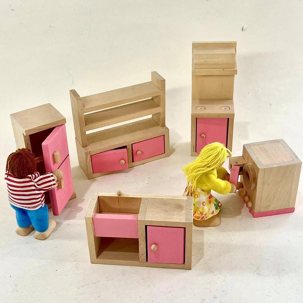 Entzückendes Holzpuppenhaus-Möbelset für Kinder mit farbenfrohen Schlafzimmer-, Küchen- und Wohnzimmer-Accessoires