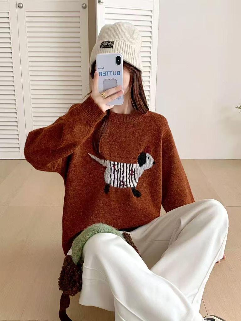 Women's Autumn/Winter 2025 Thickened Embroidered Puppy Pullover Sweater, Age-Reducing Knitted Layered Top