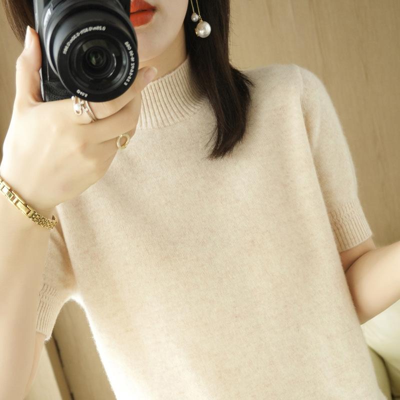 

Свитер с полувысоким воротником, многоцветный, с коротким рукавом, летний, новый, свободный, модный и универсальный, однотонный, с темпераментом, внутренний топ XXL