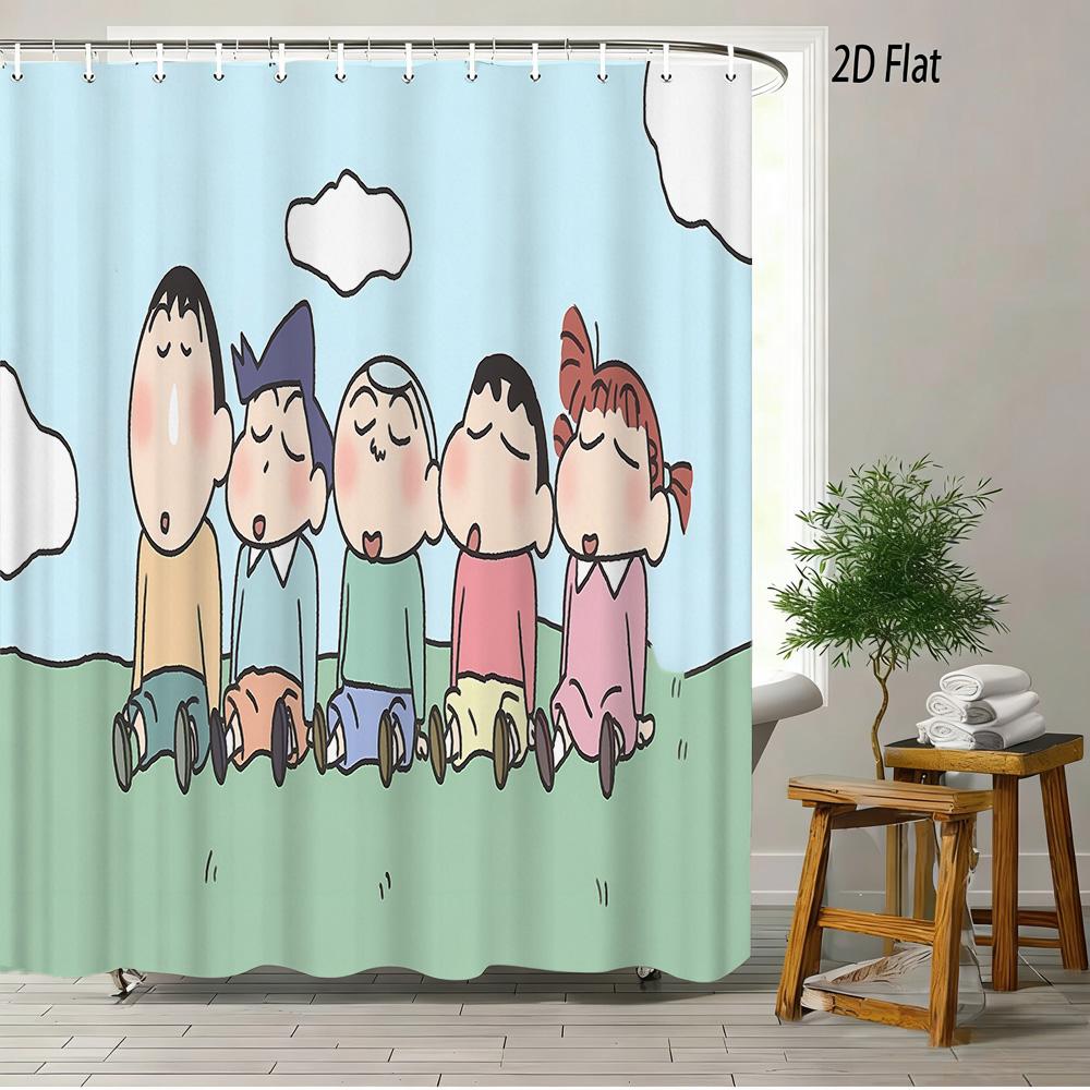 Crayon Shin-Chan Flame Ninja Z Themed 2D Print Waterproof Shower Curtain, Flying Shin-Chan With Family & Shiro Colorful Cityscap