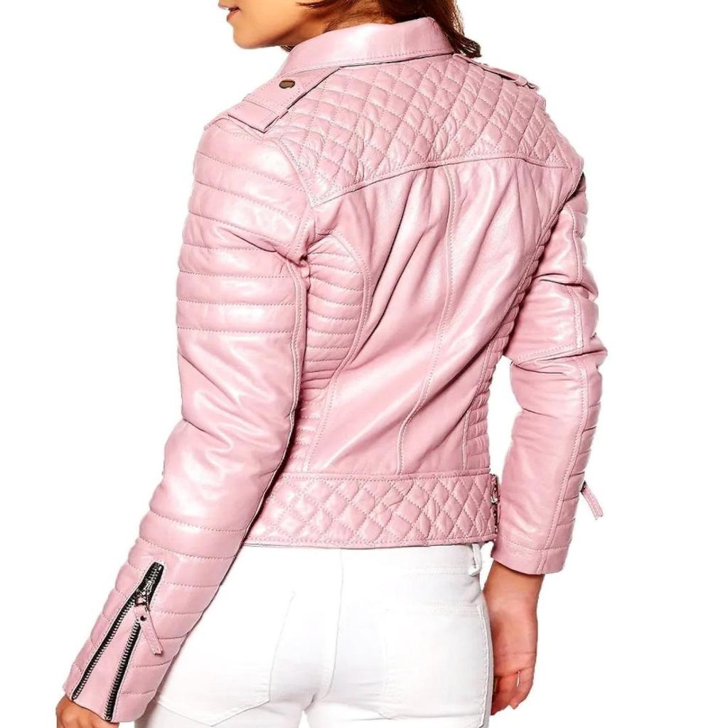 Dam Babyrosa Läderjacka | Stilfull Biker Äkta Läderjacka | Handgjord Vinterläderjacka