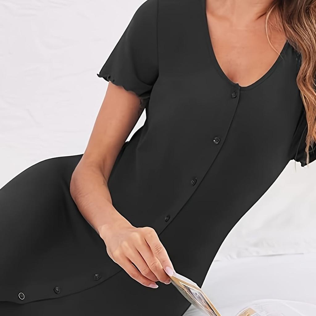 Simple Style Lady's Nightgown with Short Sleeves, V-neck, Buttoned Front, Loose and Comfortable Mid-length Home Wear