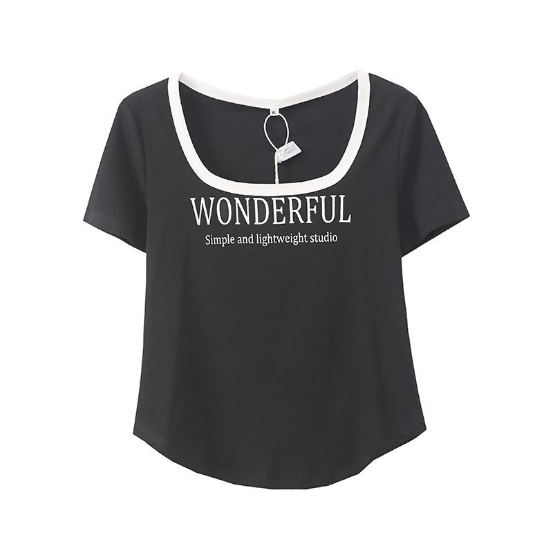 Large Size Women's Clothing American Spice Girl Contrasting Color Waist Short-sleeved T-shirt Summer New Front Shoulder Top 262617