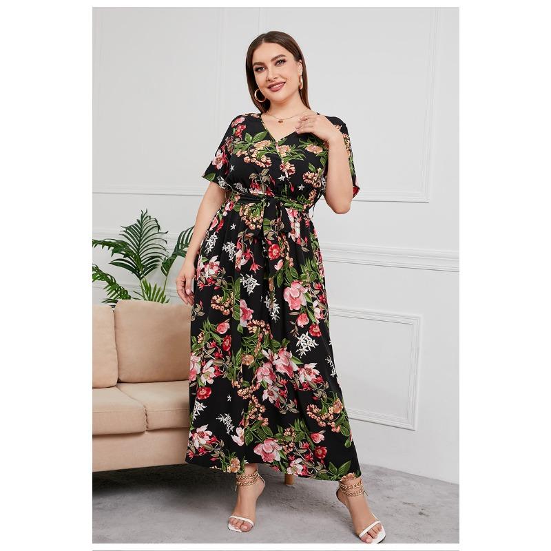 Summer Women's Dress Short Sleeve High Waist V-neck MIDI Dress Plus Size Temperament Printed Sexy Dress
