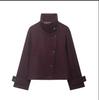 Women's Stand Collar Asymmetric Button Cropped Coat Solid Color Turn Cuff Patch Pockets Loose Fit Casual Outerwear