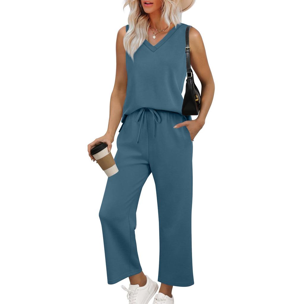 Women's Casual Fashion Sleeveless V-Neck Loose Wide Leg Pants Set