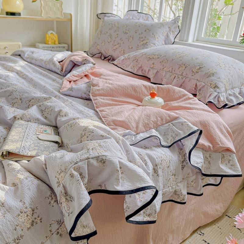 Kapok wrinkled double-layer yarn ruffle leaf edge summer quilt four-piece set washing machine washing air conditioner quilt