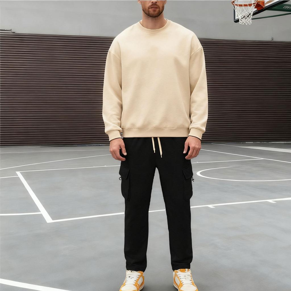 Men's Casual Sportswear Set Autumn/Winter Fleece-Lined Heavyweight Oversized Long-Sleeved Crew Neck Sweatshirt and Trousers Set