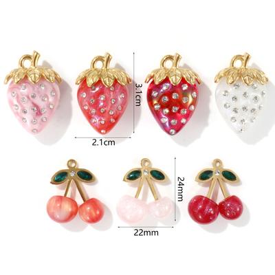 1 Piece 304 Stainless Steel & Resin Charms Clear Rhinestone Strawberry Cherry 18K Real Gold Plated Pendants For Necklace DIY
