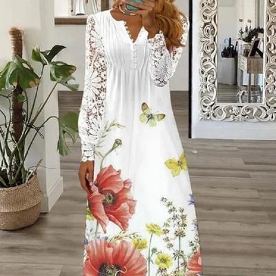 Long Dress V Neck Splicing Lace Long Sleeves Spring Summer Single-breasted Floral Print Women Maxi Dress Daily Wear