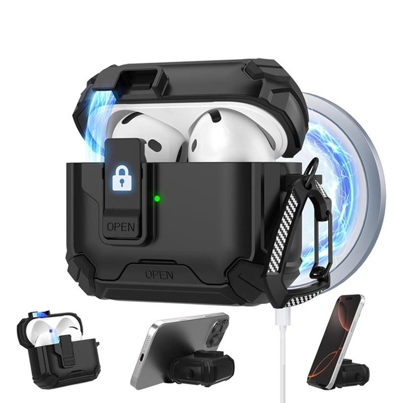 Phone Stand Case For AirPods 4 Generation Case Magnetic Automatic Lock with Cleaning Kit Shockproof Protective Case for AiPods 4
