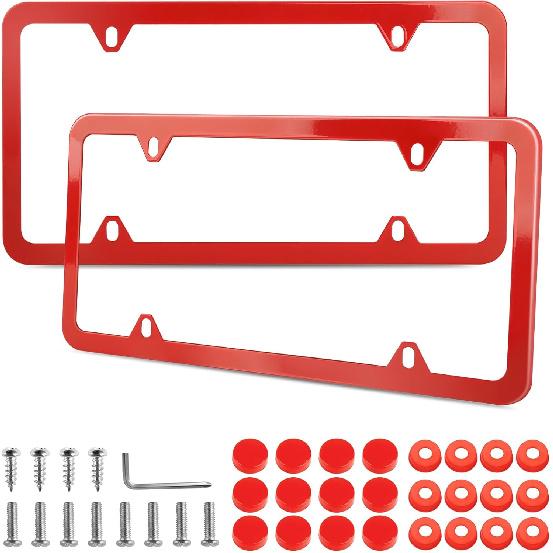 Red License Plate Frames 2 Pack, License Plate Holders Stainless Steel, Universal US Car License Plate Covers With Screws Washers Caps (4 Holes)