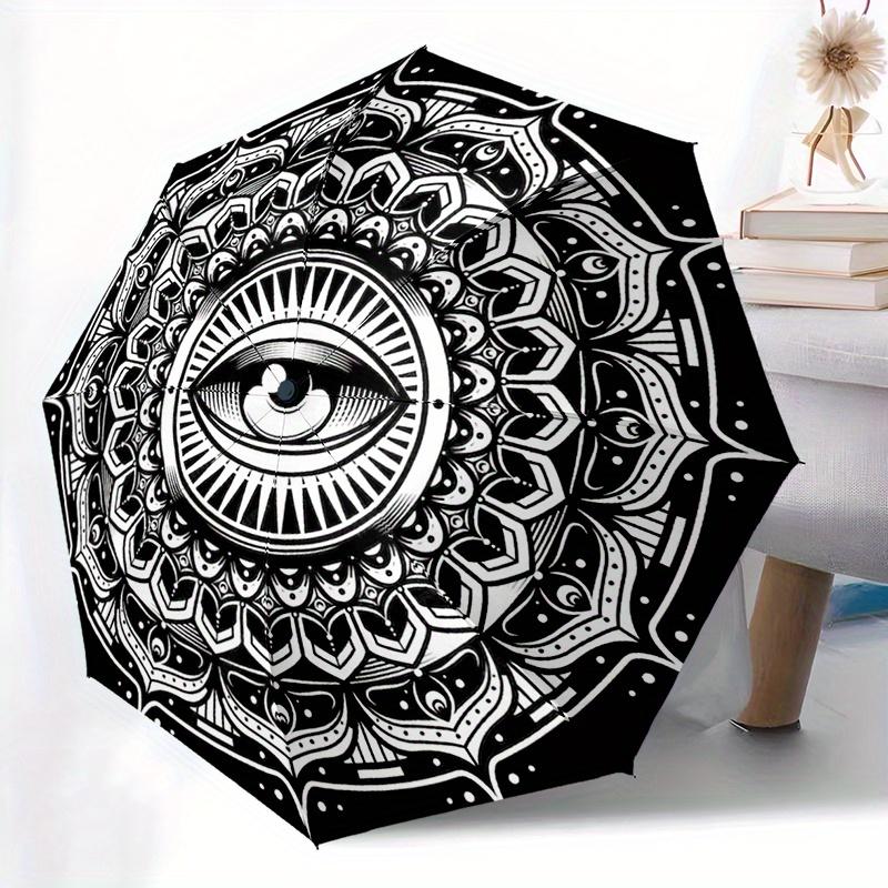 1pc Black White Evil Eye Folding Umbrella - Automatic Open Compact 8-Rib Design, Durable Plastic & Iron Frame, Lightweight for