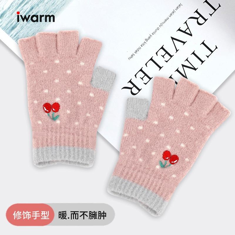 New half-finger gloves women's winter cold protection and warmth dew finger cartoon embroidery cherry warm work writing gloves