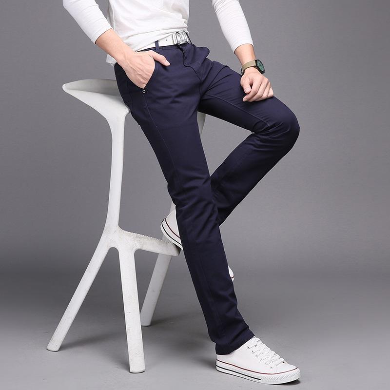 

Чоловічі весняно-осінні чоловічі повсякденні брюки молодіжного корейського видання Модні приталені різнокольорові чисті бавовняні повсякденні універсальні довгі штани 38 сапфірове скло синього кольору кольору