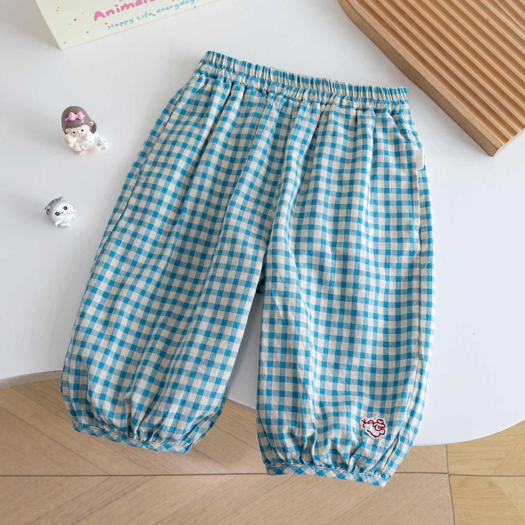 Girls Summer Outfit Cute Fly Sleeve Breathable Short Sleeve Top And Plaid Mosquito Pants Baby Casual Two Piece Set