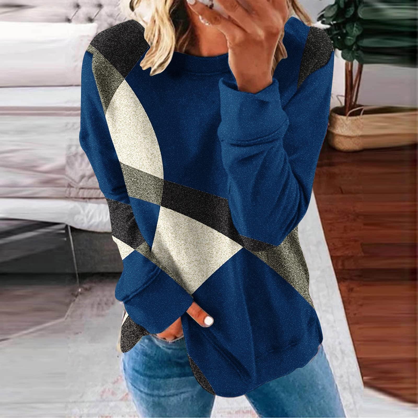 

Ladies Casual Fashion Print Long Sleeve Round Neck Pullover T-Shirt Top XL синій