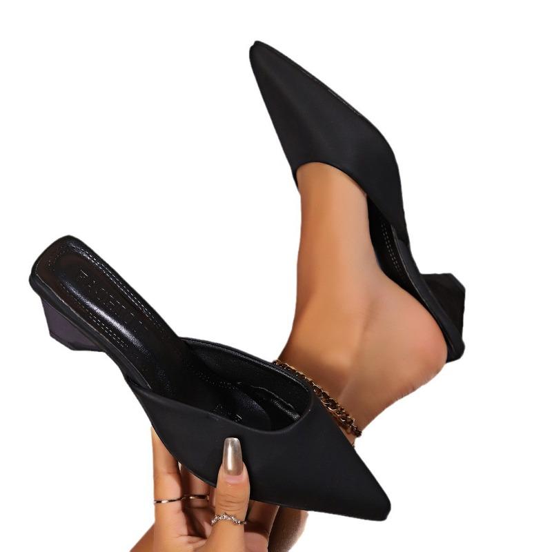 Women's Wide Width Open-Back Mules, Pointed Toe Chunky Heel Sandals, European Style Summer Slides for Women