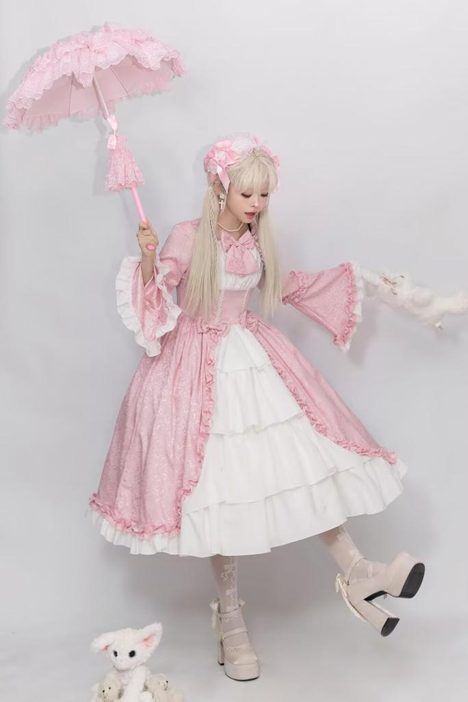 Yucahype Gothic Lolita Long Plus Sweet Lace Dress, Sleeves, Size, Ruffles, Costume, Lolita, Princess, Cosplay, Lolita, Ladylike, (L, Pink)