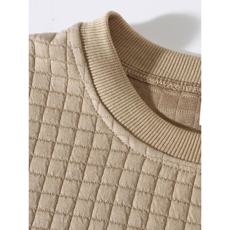 Men's Fall Winter Slim Fit Crew Neck Long Sleeve Sweatshirt, Solid Small Grid Pattern Casual Base Layer Pullover Tops