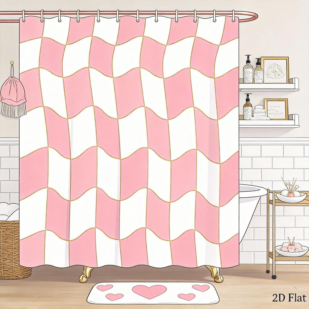 Modern Geometric Shower Curtain Pink and White Wavy Checkered Design Stylish Bath Curtain for Girls’ Room and Contemporary Decor