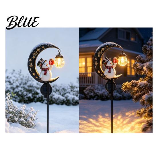 Metal Yard Art for Christmas Snowman Garden Stake Light, Solar Powered Crescent Moon Lamp, Seasonal Outdoor Atmosphere Lights Warm Glow Waterproof