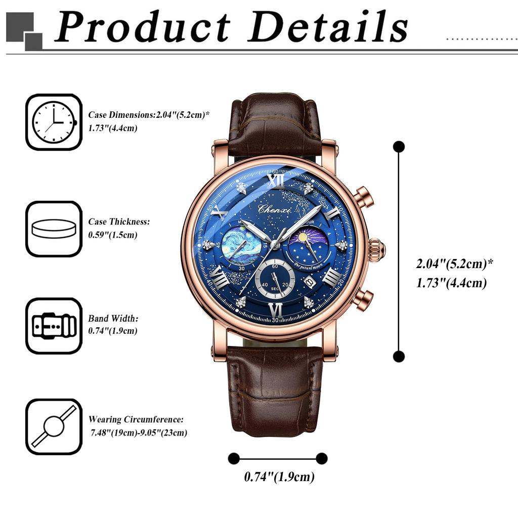 JEWELRYWE Men's Leather Belt Watch 3ATM Water Resistant Brown Roman Numerals Analog Luminous Calendar Quartz Fashion Gift