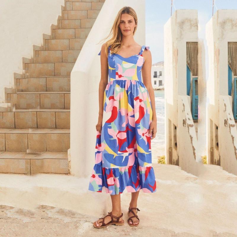 

Элегантное сексуальное длинное платье на бретельках для женщин, летнее платье макси без рукавов с квадратным вырезом и высокой талией, длинное платье с принтом для пляжного отдыха, дышащее мягкое платье 2XL