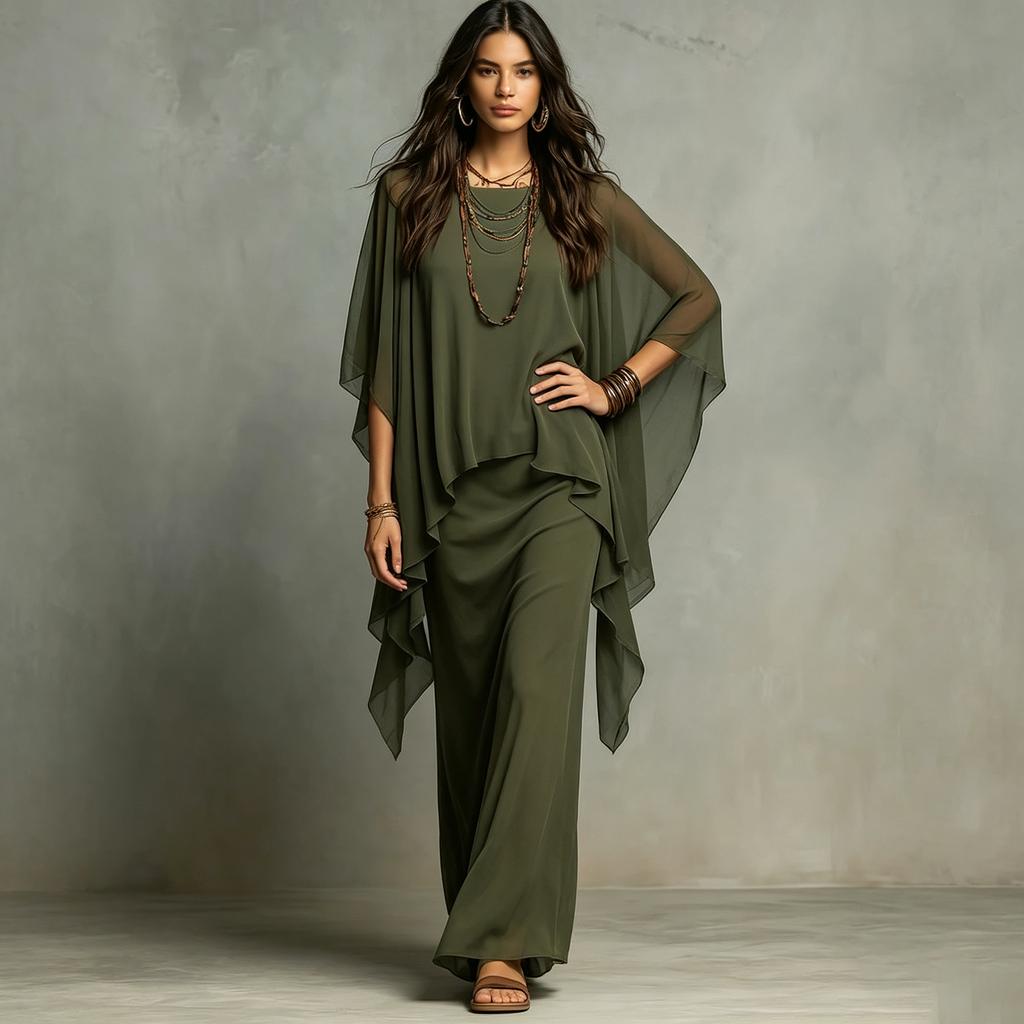 Women's Chiffon Two Piece Maxi Dress Set with Shawl Wrap for Summer Vacation