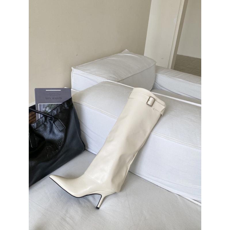 European and American style wide tube belt buckle pointed head high heel thin boots