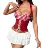 Women Plaid Halter Neck Corset Top Cut Out Lace Up Front Sexy Summer Tank Top