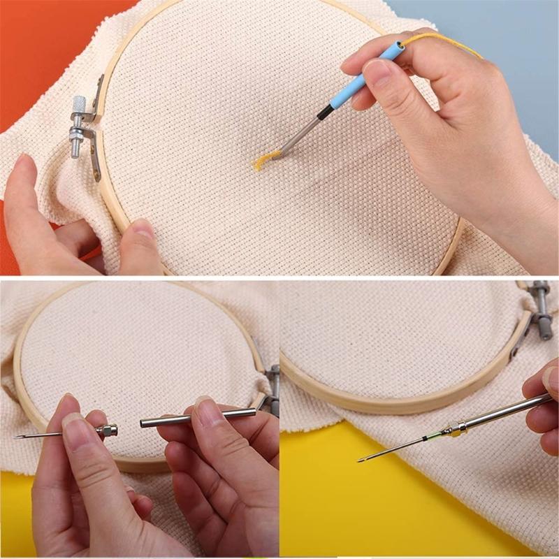 Punching Needle Tool Adjustable Wood Handle Punching Needle Embroidery Tool with 7 Size Punching Needle Tip and Threader