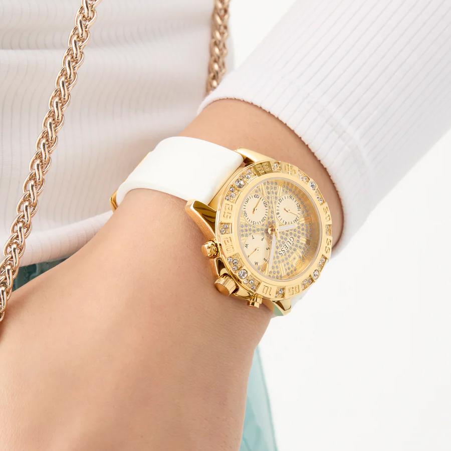 Guess Gold-Tone Crystal Watches for Women - Multi-Function Quartz Watches Female with Silicone Watch Band, 50m Waterproof for Daily Wear GW0772L3