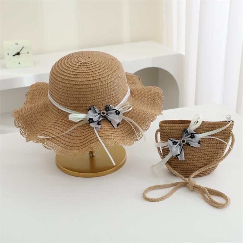 Newest holiday child girl straw hat and bag 2pcs a set floral sun hat baby beach Floppy Panama casquette gorros shoulder bags
