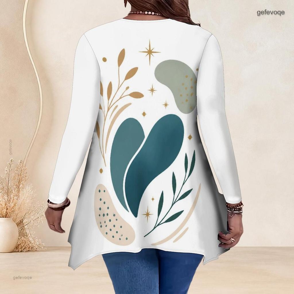 Plus Size Ladies V Neck Long Sleeve Loose Casual Blouse With Irregular Split Hem