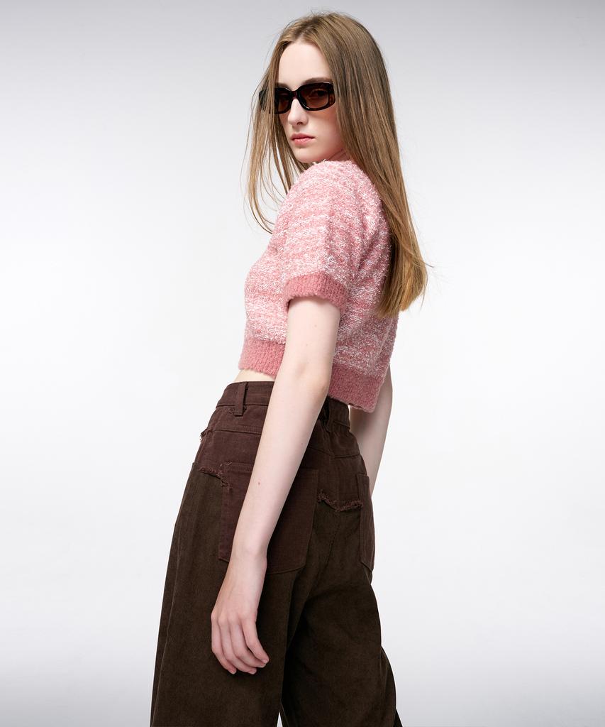 ETMON Color Blend Short Sleeve Knit Top Coral Pink
