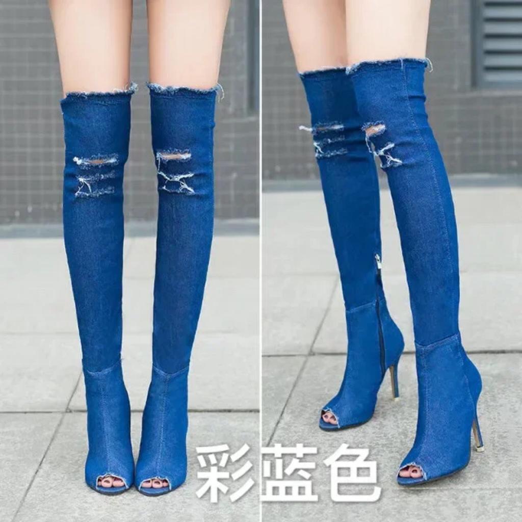 2025 Boots Women Summer Autumn Thigh High Peep Toe Over The Knee Boots Blue Denim Jeans Zipper Long Boots Shoes Ladies