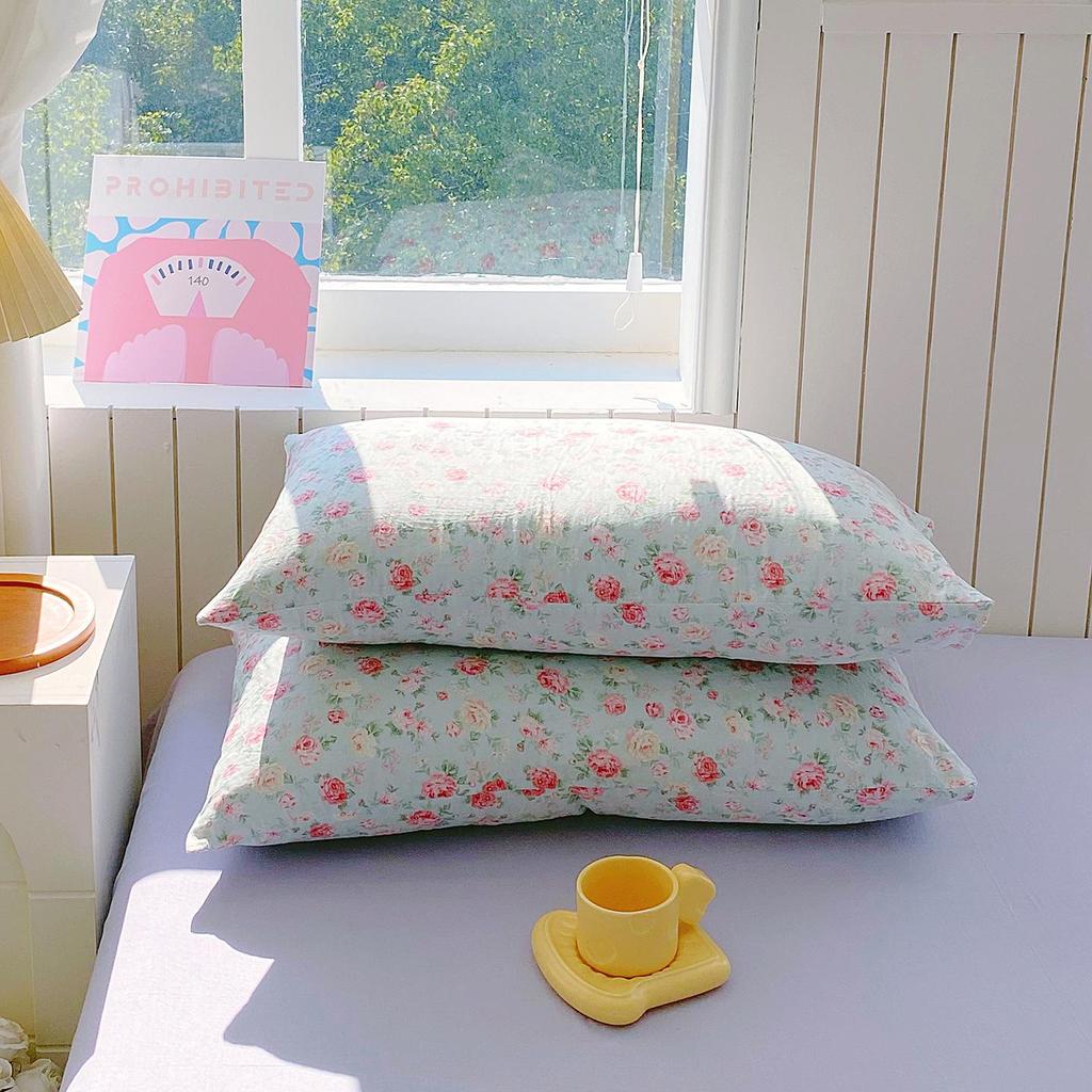 Class A Soft 100% Cotton Double Layer Gauze Pillowcase - Small Floral, Breathable, Single Piece for Summer