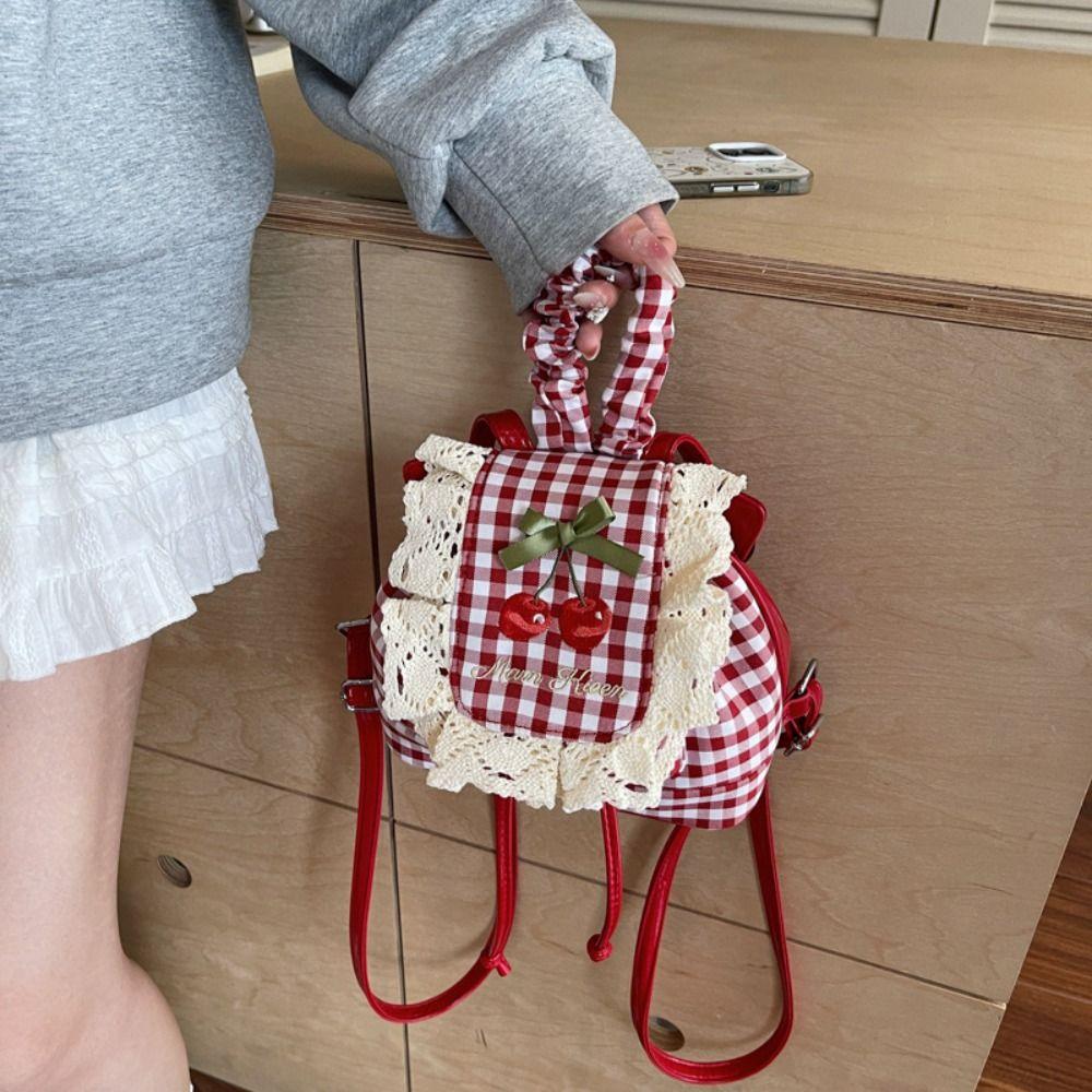 Canvas Lace Plaid Backpack Korean Style Bow Shoulder Bag Multi Functional Cherry Backpack  College