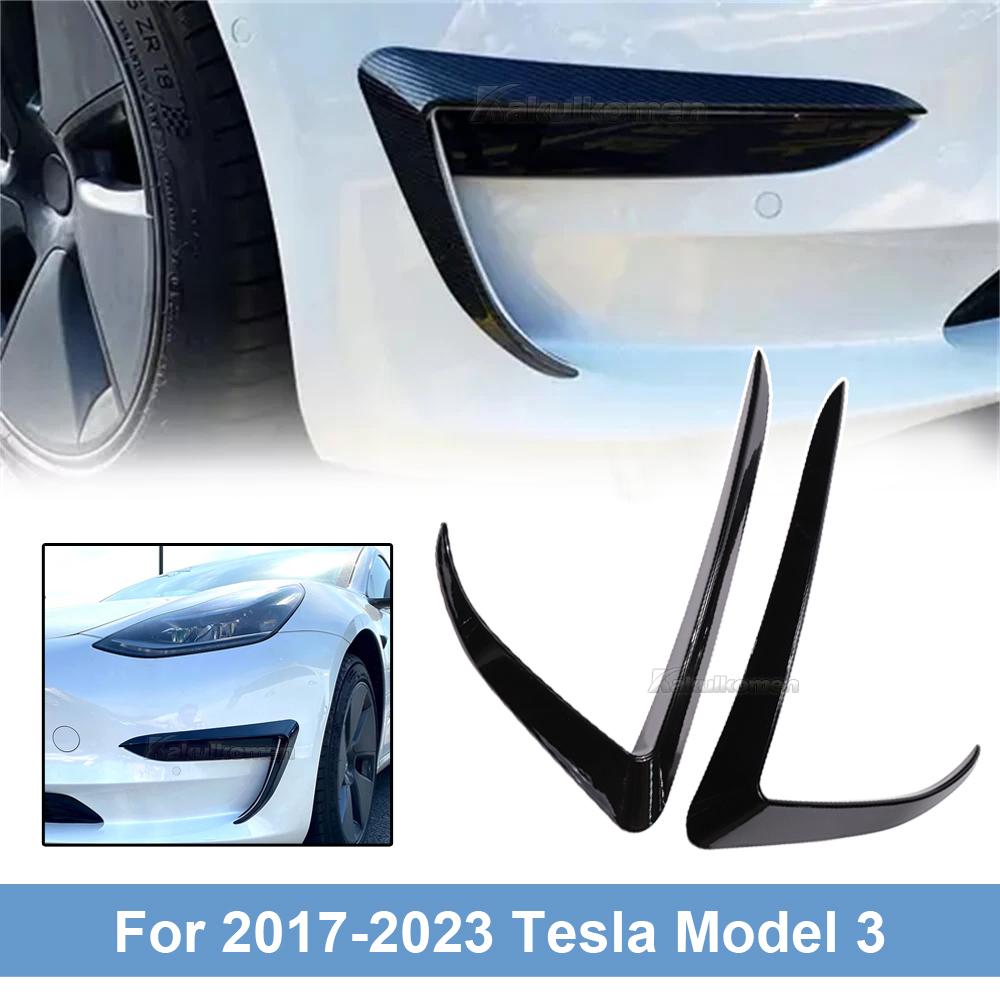 For Tesla Model 3 Model Y 2017-2023 Glossy Black/Carbon Car Front Bumper Fog Light Frame Wind Knife Spoiler Decoration Body Kit