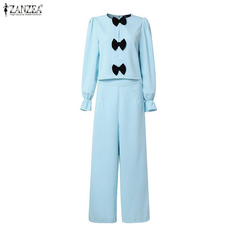

ZANZEA Women Casual Sets Long Sleeve Bow Cropped Blouse and Long Pants Two Pieces Suits 2XL синий