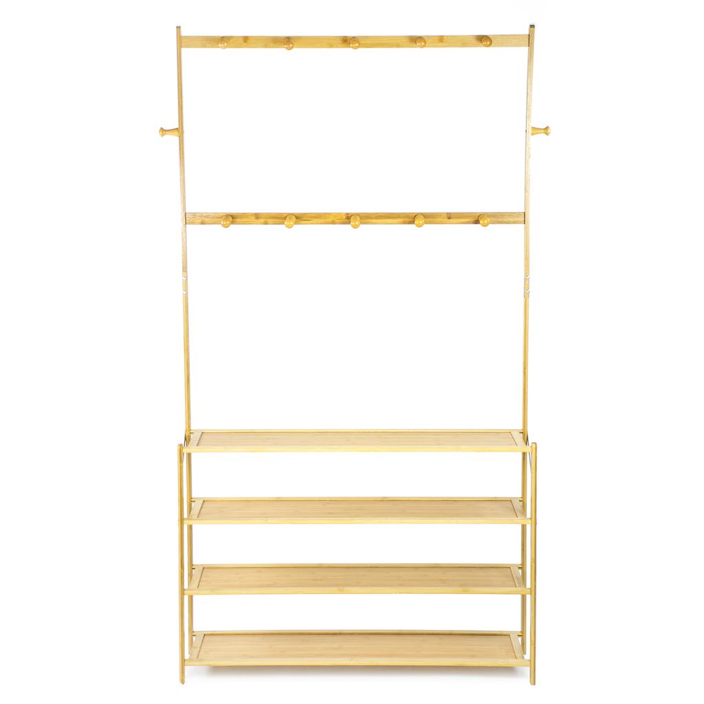Bamboo Hanger, Shoe Rack, Shelf, Hall Stand, 4 Shelves, Hooks, Footwear